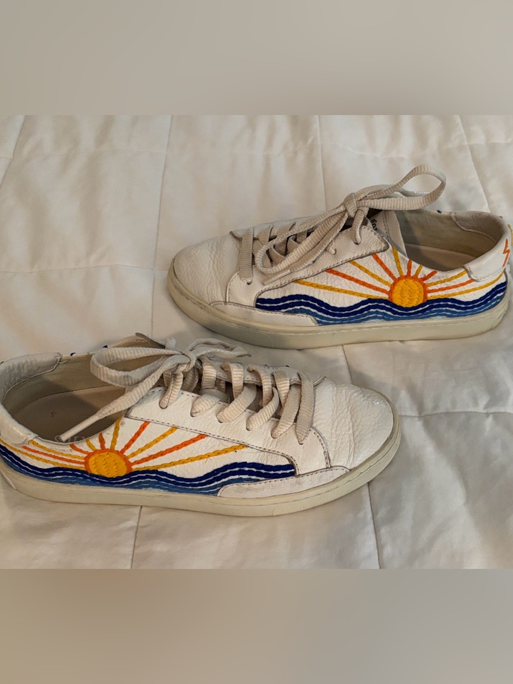 Soludos White Sneakers with Sunrise & Blue Wave Embroidery